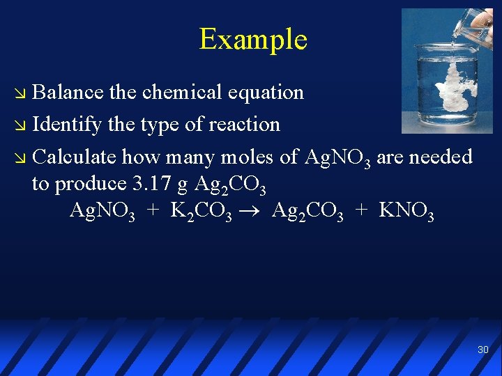 Example Balance the chemical equation Identify the type of reaction Calculate how many moles