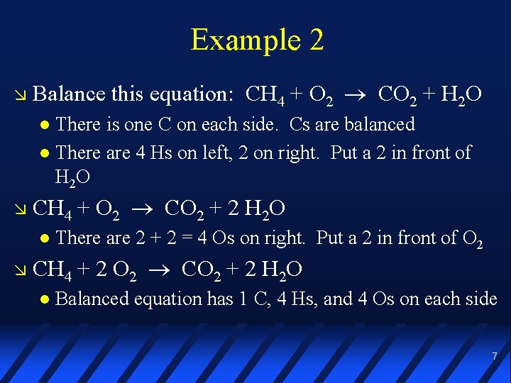 Example 2 Balance this equation: CH 4 + O 2 CO 2 + H