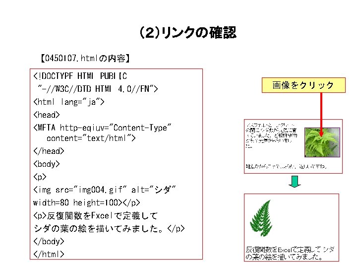 （２）リンクの確認 【 0450107. htmlの内容】 <!DOCTYPE HTML PUBLIC "-//W 3 C//DTD HTML 4. 0//EN"> <html