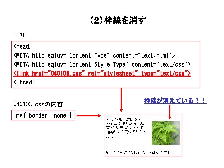 （２）枠線を消す HTML <head> <META http-eqiuv="Content-Type" content="text/html"> <META http-eqiuv="Content-Style-Type" content="text/css"> <link href="040108. css" rel="stylesheet" type="text/css">