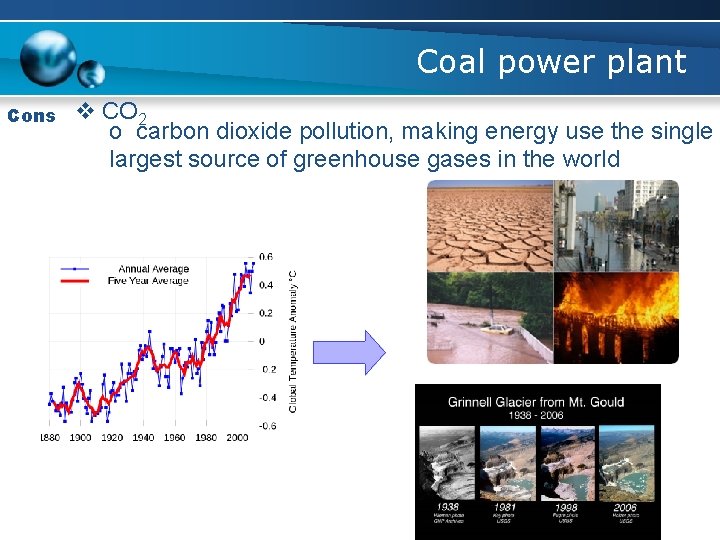 Coal power plant Cons v CO 2 o carbon dioxide pollution, making energy use