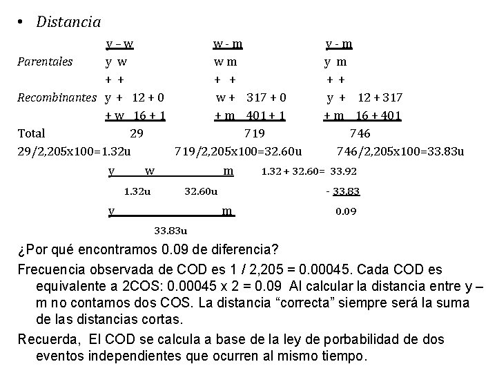  • Distancia y–w w-m Parentales y w wm + + Recombinantes y +