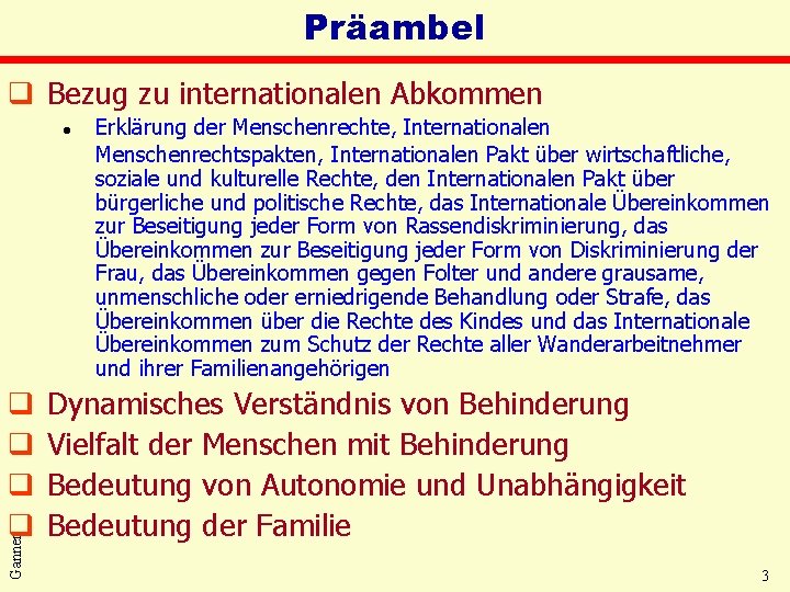Präambel q Bezug zu internationalen Abkommen l Ganner q q Erklärung der Menschenrechte, Internationalen