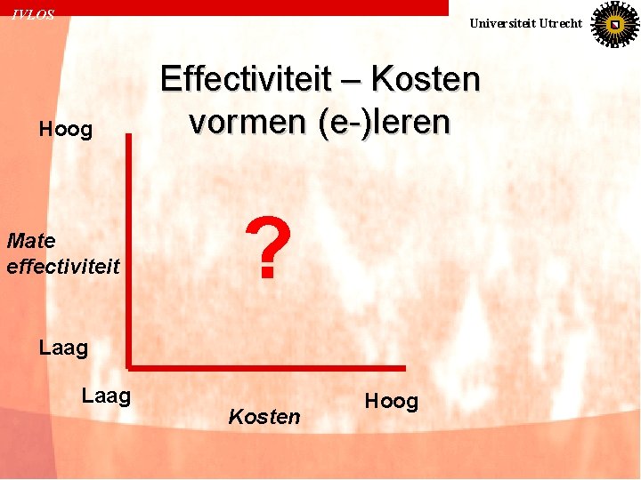 IVLOS Universiteit Utrecht Hoog Mate effectiviteit Effectiviteit – Kosten vormen (e-)leren ? Laag Kosten