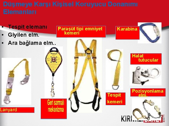 Düşmeye Karşı Kişisel Koruyucu Donanımı Elemanları • Tespit elemanı Paraşüt tipi emniyet kemeri •