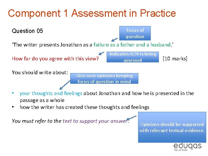 Component 1 Assessment in Practice Focus of question Question 05 ‘The writer presents Jonathan