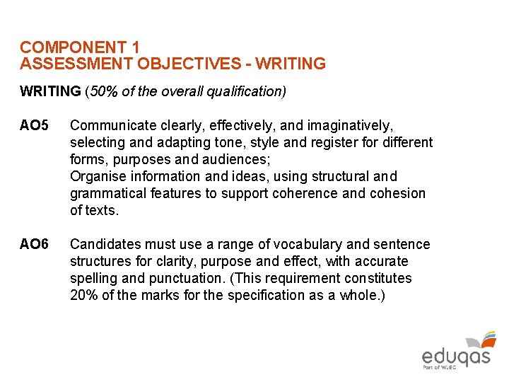 COMPONENT 1 ASSESSMENT OBJECTIVES - WRITING (50% of the overall qualification) AO 5 Communicate