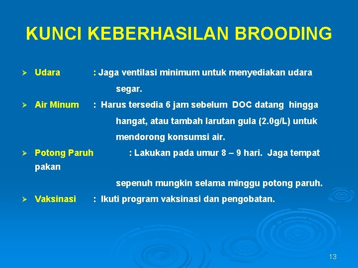 KUNCI KEBERHASILAN BROODING Ø Udara : Jaga ventilasi minimum untuk menyediakan udara segar. Ø