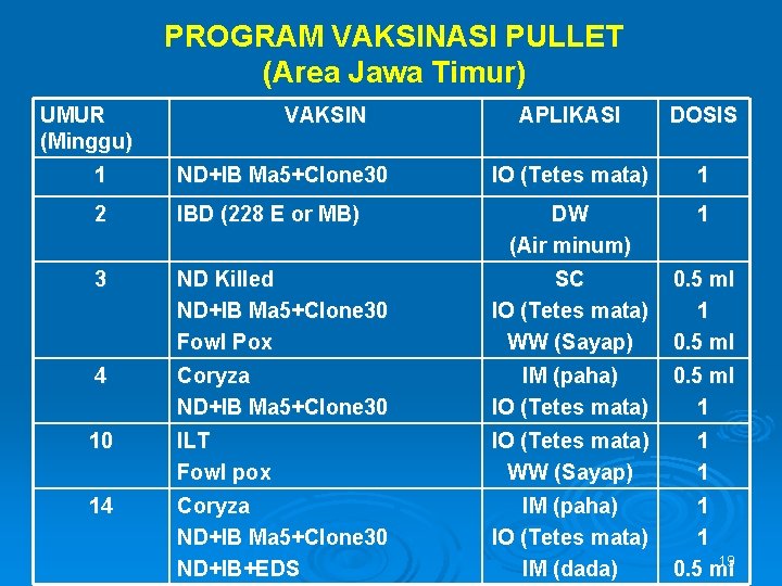 PROGRAM VAKSINASI PULLET (Area Jawa Timur) UMUR (Minggu) VAKSIN APLIKASI DOSIS IO (Tetes mata)