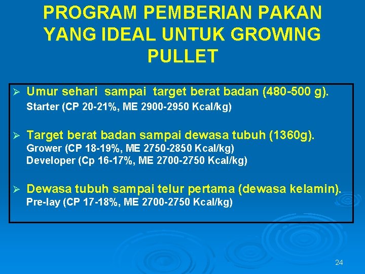 PROGRAM PEMBERIAN PAKAN YANG IDEAL UNTUK GROWING PULLET Ø Umur sehari sampai target berat