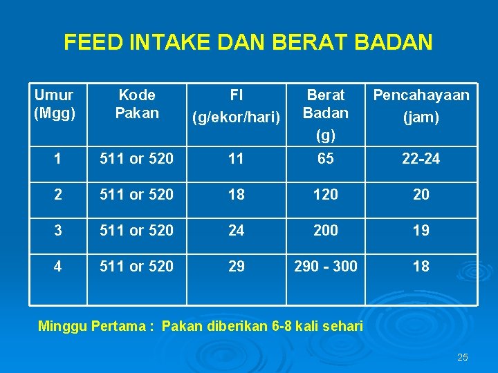 FEED INTAKE DAN BERAT BADAN Umur (Mgg) Kode Pakan FI (g/ekor/hari) Pencahayaan (jam) 11