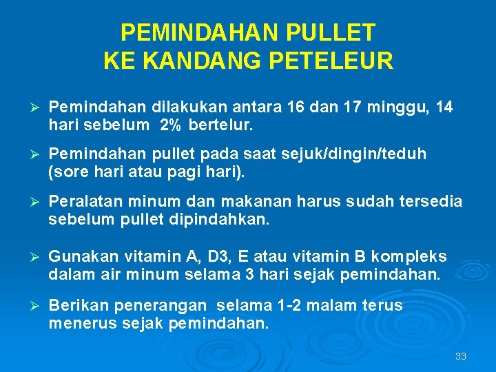 PEMINDAHAN PULLET KE KANDANG PETELEUR Ø Pemindahan dilakukan antara 16 dan 17 minggu, 14