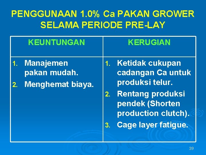 PENGGUNAAN 1. 0% Ca PAKAN GROWER SELAMA PERIODE PRE-LAY KEUNTUNGAN Manajemen pakan mudah. 2.