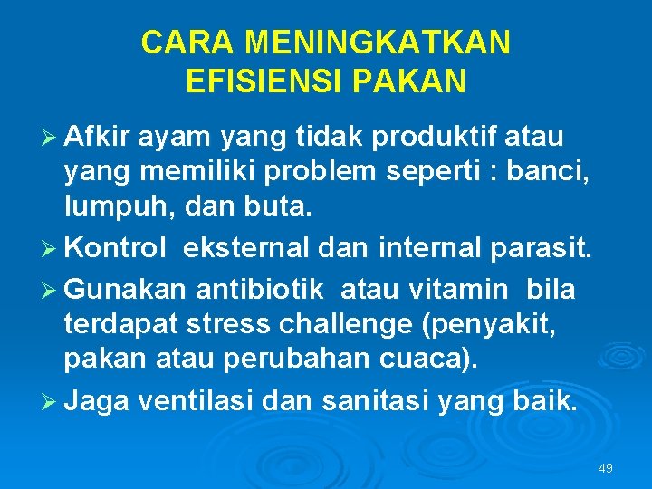 CARA MENINGKATKAN EFISIENSI PAKAN Ø Afkir ayam yang tidak produktif atau yang memiliki problem