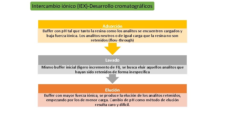 Intercambio iónico (IEX)-Desarrollo cromatográficos Adsorción Buffer con p. H tal que tanto la resina