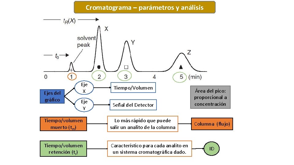 Cromatograma – parámetros y análisis Ejes del gráfico Eje X Tiempo/Volumen Eje Y Señal