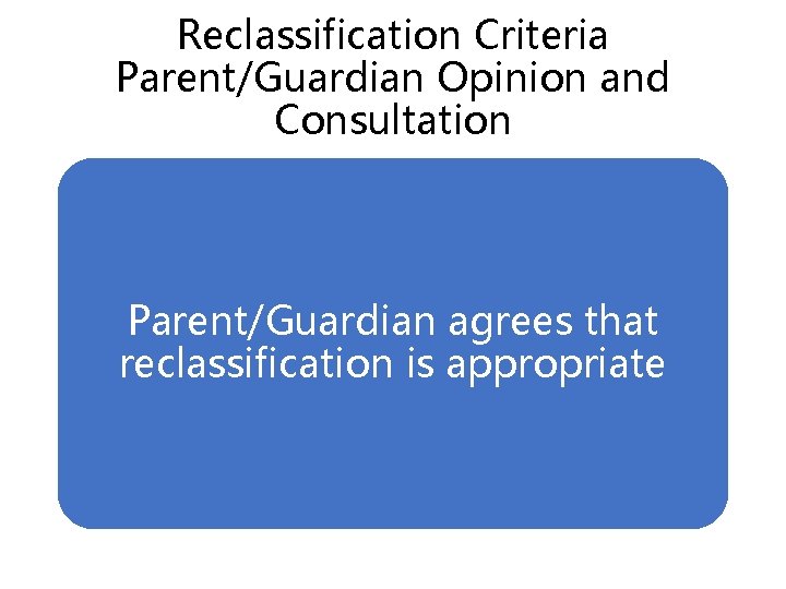 Reclassification Criteria Parent/Guardian Opinion and Consultation Parent/Guardian agrees that reclassification is appropriate 