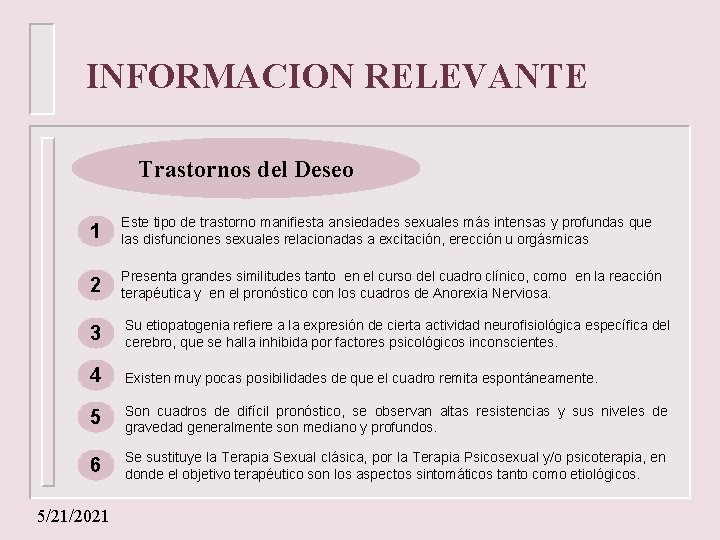INFORMACION RELEVANTE Trastornos del Deseo 1 Este tipo de trastorno manifiesta ansiedades sexuales más
