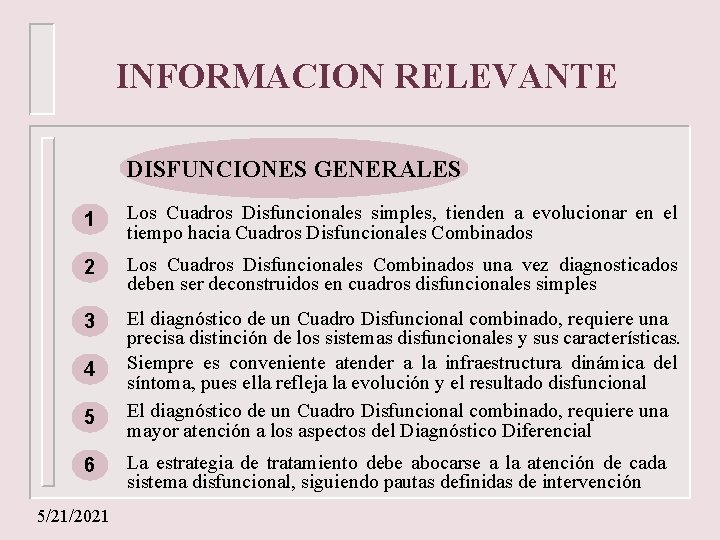 INFORMACION RELEVANTE DISFUNCIONES GENERALES 1 Los Cuadros Disfuncionales simples, tienden a evolucionar en el