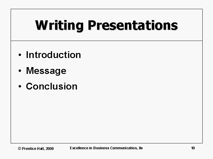Writing Presentations • Introduction • Message • Conclusion © Prentice Hall, 2008 Excellence in