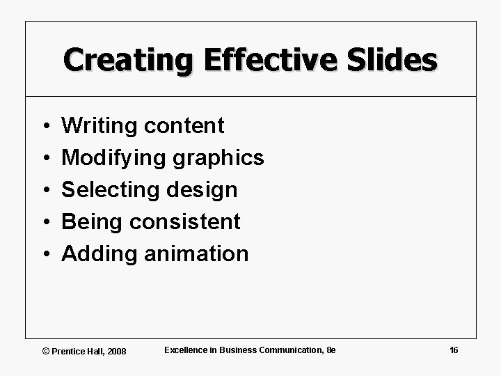 Creating Effective Slides • • • Writing content Modifying graphics Selecting design Being consistent