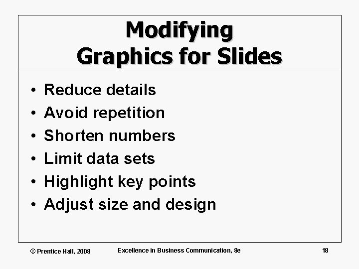 Modifying Graphics for Slides • • • Reduce details Avoid repetition Shorten numbers Limit