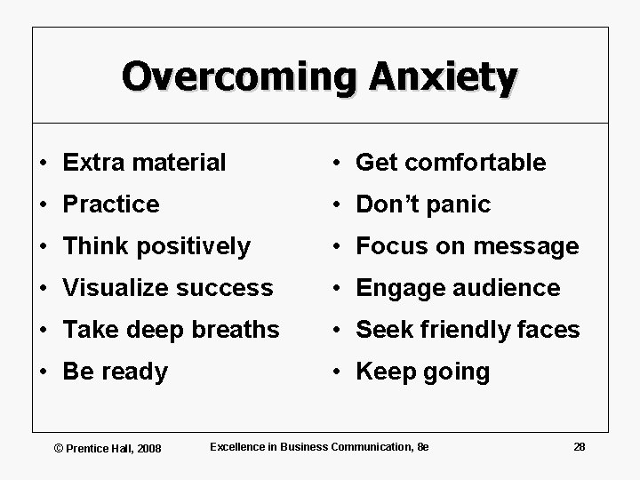 Overcoming Anxiety • Extra material • Get comfortable • Practice • Don’t panic •