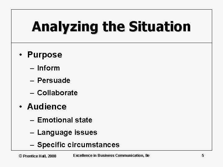 Analyzing the Situation • Purpose – Inform – Persuade – Collaborate • Audience –