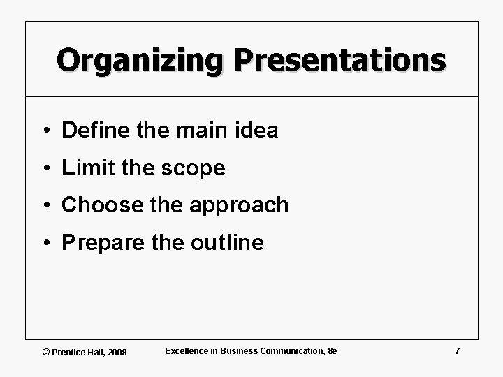 Organizing Presentations • Define the main idea • Limit the scope • Choose the