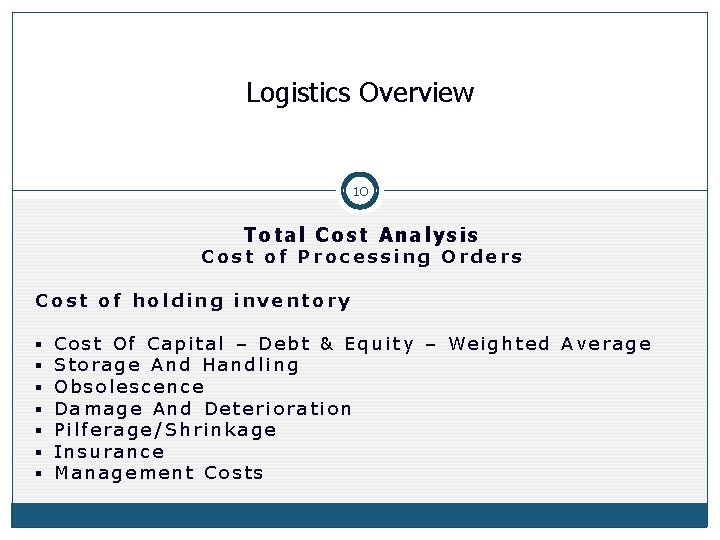 Logistics Overview 10 Total Cost Analysis Cost of Processing Orders Cost of holding inventory