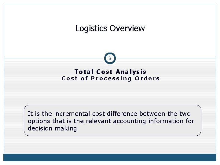 Logistics Overview 8 Total Cost Analysis Cost of Processing Orders It is the incremental