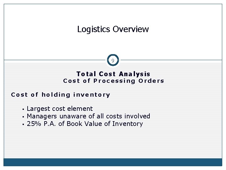 Logistics Overview 9 Total Cost Analysis Cost of Processing Orders Cost of holding inventory