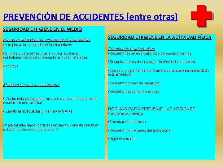 PREVENCIÓN DE ACCIDENTES (entre otras) SEGURIDAD E HIGIENE EN EL MEDIO Pistas polideportivas, gimnasios