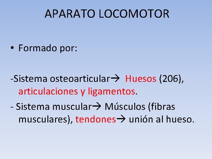 APARATO LOCOMOTOR • Formado por: -Sistema osteoarticular Huesos (206), articulaciones y ligamentos. - Sistema