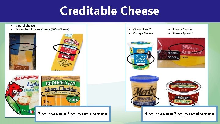 Creditable Cheese 2 oz. cheese = 2 oz. meat alternate 4 oz. cheese =