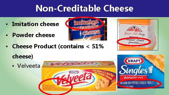 Non-Creditable Cheese • Imitation cheese • Powder cheese • Cheese Product (contains < 51%