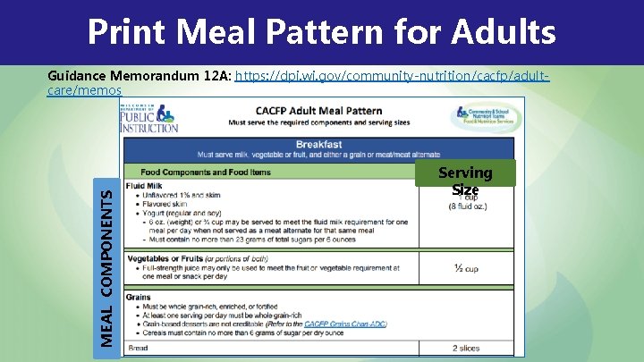 Print Meal Pattern for Adults MEAL COMPONENTS Guidance Memorandum 12 A: https: //dpi. wi.