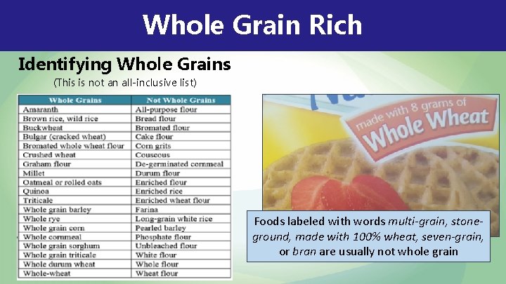 Whole Grain Rich Identifying Whole Grains (This is not an all-inclusive list) Foods labeled