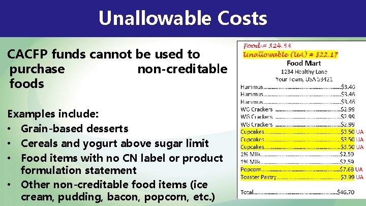 Unallowable Costs CACFP funds cannot be used to purchase non-creditable foods Examples include: •