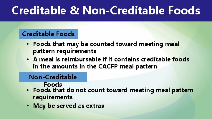 Creditable & Non-Creditable Foods • Foods that may be counted toward meeting meal pattern