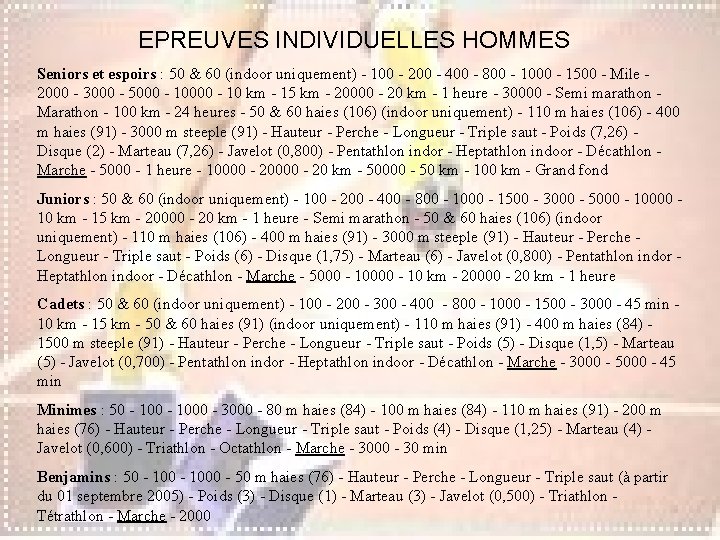 EPREUVES INDIVIDUELLES HOMMES Seniors et espoirs : 50 & 60 (indoor uniquement) - 100 EPREUVES INDIVIDUELLES HOMMES Seniors et espoirs : 50 & 60 (indoor uniquement) - 100