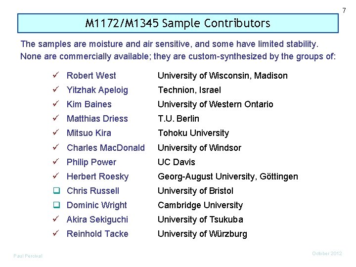 7 M 1172/M 1345 Sample Contributors The samples are moisture and air sensitive, and