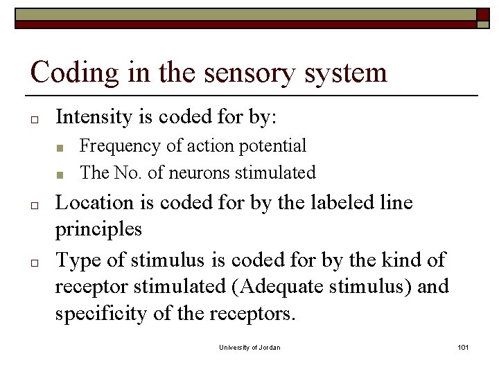 Coding in the sensory system □ Intensity is coded for by: ■ ■ □ Coding in the sensory system □ Intensity is coded for by: ■ ■ □