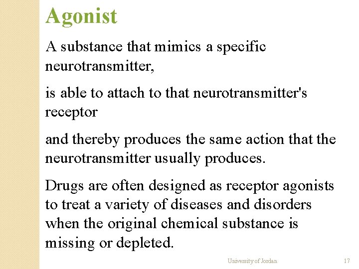 Agonist A substance that mimics a specific neurotransmitter, is able to attach to that Agonist A substance that mimics a specific neurotransmitter, is able to attach to that