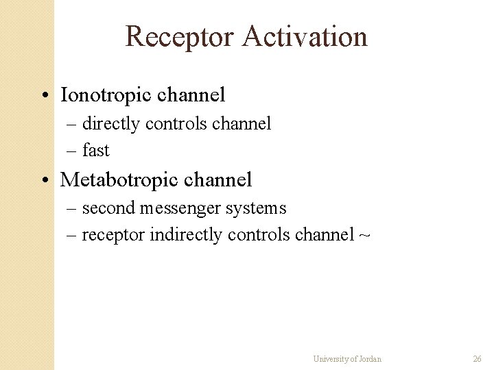 Receptor Activation • Ionotropic channel – directly controls channel – fast • Metabotropic channel Receptor Activation • Ionotropic channel – directly controls channel – fast • Metabotropic channel