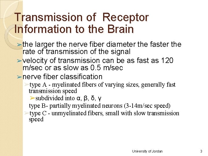 Transmission of Receptor Information to the Brain ➢ the larger the nerve fiber diameter Transmission of Receptor Information to the Brain ➢ the larger the nerve fiber diameter