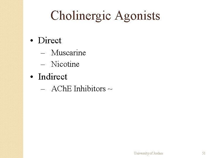 Cholinergic Agonists • Direct – Muscarine – Nicotine • Indirect – ACh. E Inhibitors Cholinergic Agonists • Direct – Muscarine – Nicotine • Indirect – ACh. E Inhibitors