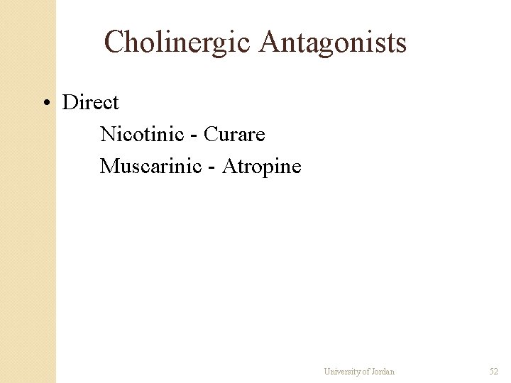 Cholinergic Antagonists • Direct Nicotinic - Curare Muscarinic - Atropine University of Jordan 52 Cholinergic Antagonists • Direct Nicotinic - Curare Muscarinic - Atropine University of Jordan 52
