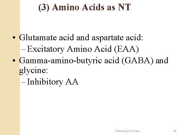 (3) Amino Acids as NT • Glutamate acid and aspartate acid: – Excitatory Amino (3) Amino Acids as NT • Glutamate acid and aspartate acid: – Excitatory Amino