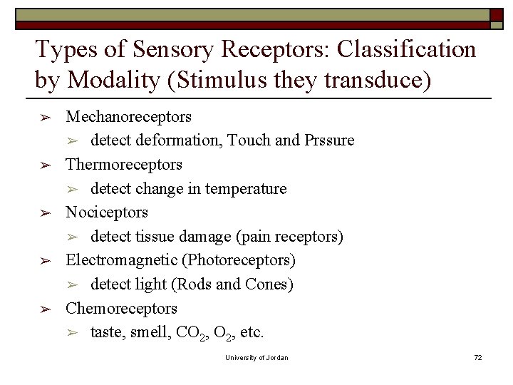 Types of Sensory Receptors: Classification by Modality (Stimulus they transduce) ➢ ➢ ➢ Mechanoreceptors Types of Sensory Receptors: Classification by Modality (Stimulus they transduce) ➢ ➢ ➢ Mechanoreceptors